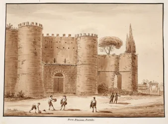 Porta Pinciana, stängd, 1833 (etsning med brun tvätt)